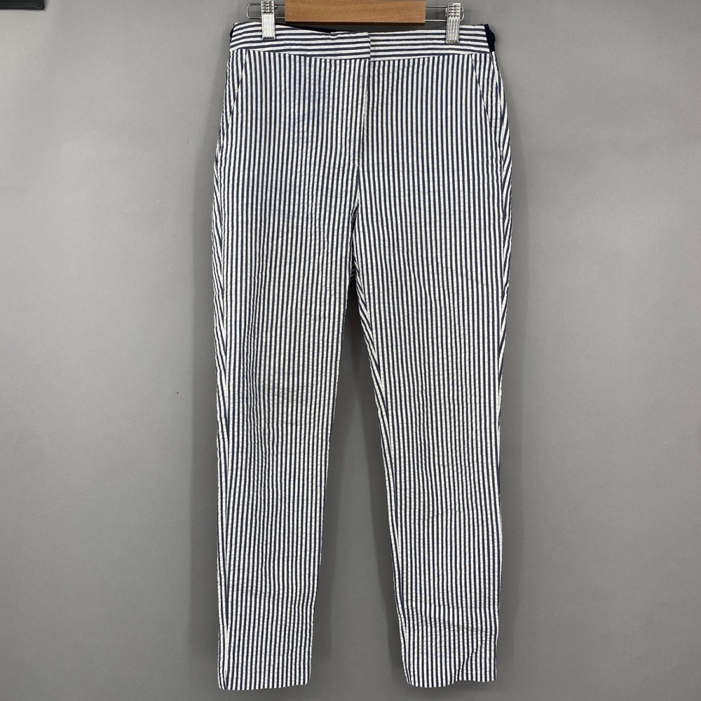 Karol Basic Seersucker Striped Pants Womens XS Navy Blue Stretch Preppy Nautical